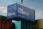 海运集装箱货物运输logo样机psd分层贴图Shipping Container Hanging on Hook Mockup