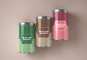零食茶叶包装罐PSD样机贴图Glossy Round Tin Can Box Mockup B