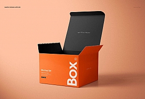 正方形纸盒包装盒礼盒PSD样机贴图 Chipboard Gloss Gift Box Mockup Set