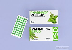 医药包装盒药品纸盒样机ps设计素材Medication box branding and packaging mockup