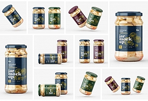 罐头玻璃瓶包装样机标签设计展示贴图ps素材 Whole Mushroom Jar Mockup Set