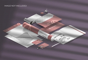 品牌办公用品名片画册VI样机ps素材贴图 Isometric Stationery Branding Mockup Scene Creator