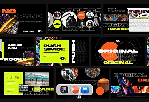 50页时尚潮流街头极简现代品牌介绍提案作品集撞色ppt+key演示模板 NO BRAND – Creative Template ppt+key