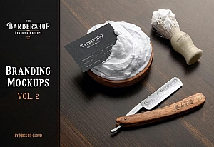 14款木质质感理发店美发品牌推广名片包装瓶剃须刀设计展示贴图PSD样机模板 Barbershop Branding Mockups Vol. 2