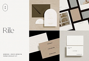 16款浮雕凹凸烫金印刷特效极简优雅质感文创品牌VI婚礼邀请函贺卡信封信纸名片卡片明信片设计展示PSD样机贴图 RILLE Emboss Deboss Mockup Kit