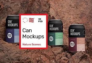 30款逼真质感可乐气泡水苏打水啤酒易拉罐饮料听装包装设计场景展示样机模板 Can Mockups – Nature Scenes