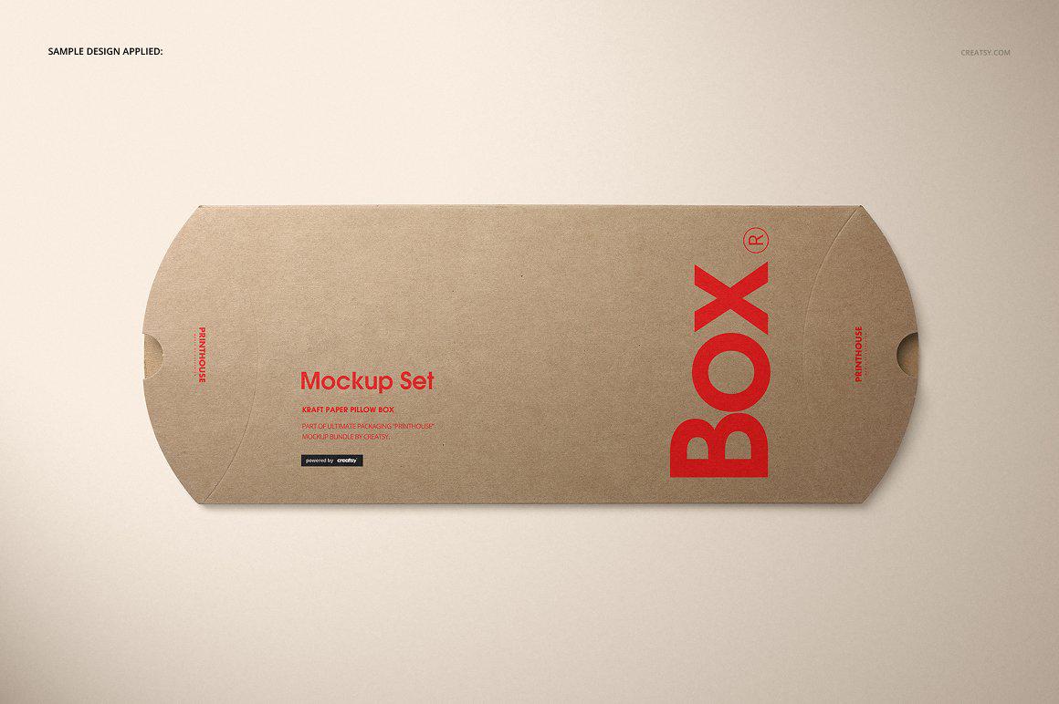 牛皮纸纸枕头盒纸盒样机PSD贴图 Kraft Paper Pillow Box Mockup Set