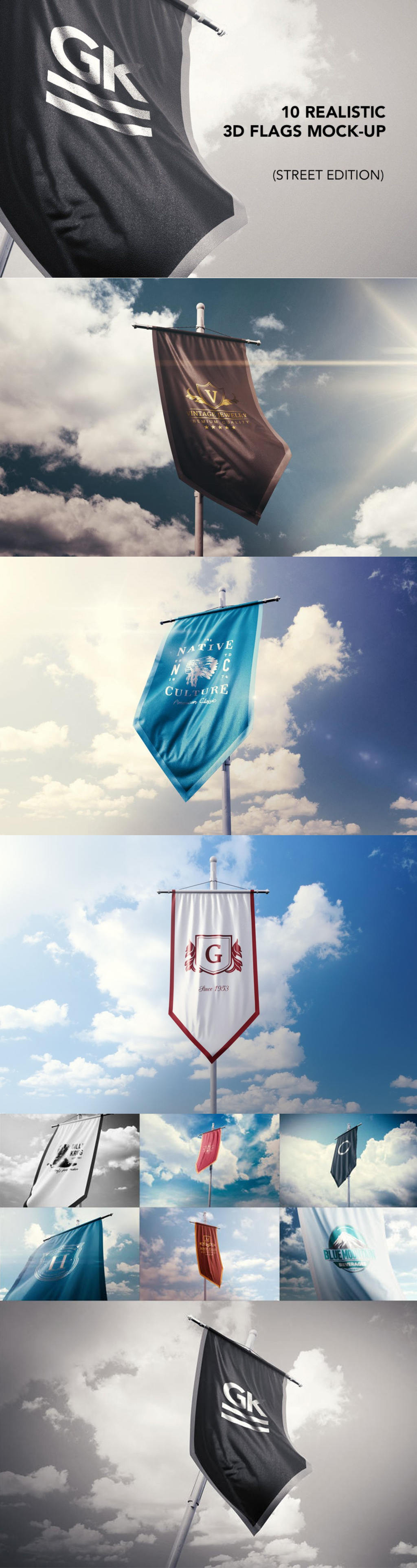 10款立体道旗样机企业旗帜logo样机ps素材贴图模板10 Realistic 3D Flag Mock Ups v.2