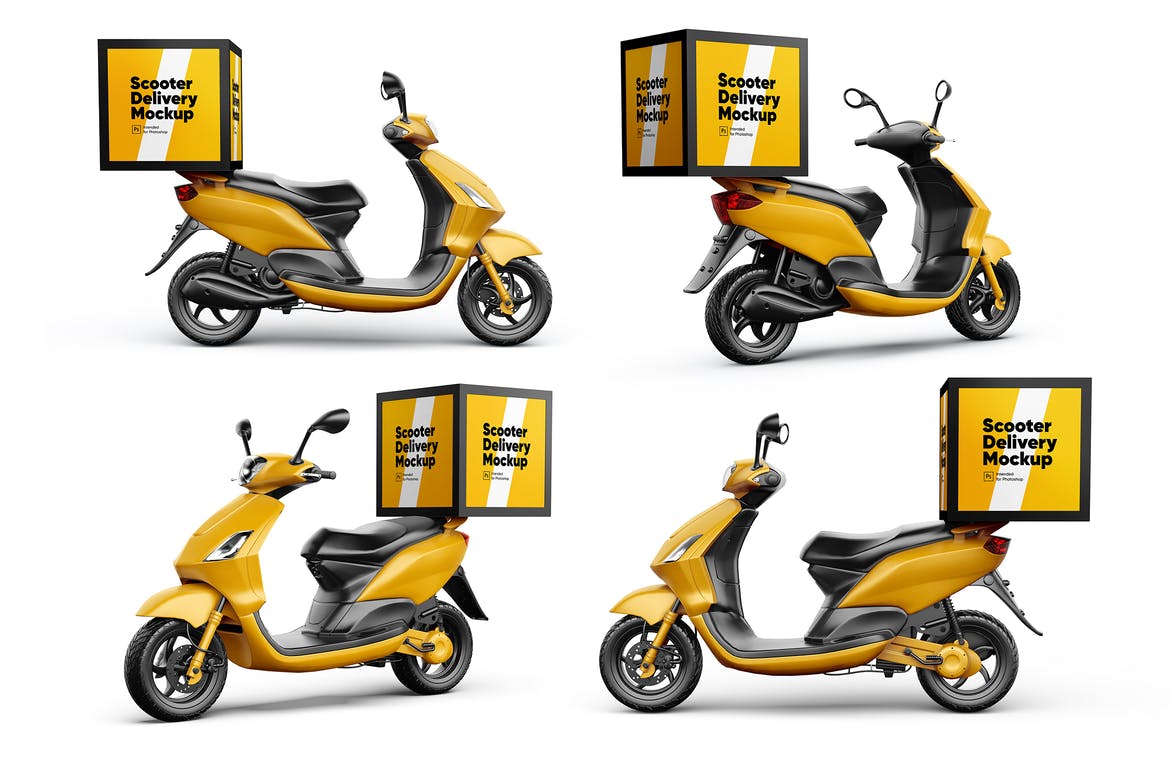 餐饮外卖电动车样机psd素材贴图模板Scooter Delivery Mockups Set