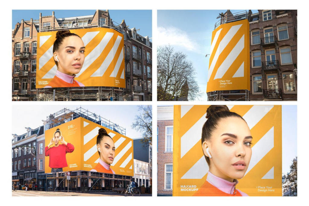 高清户外广告牌海报样机贴图psd效果图模板4x Billboard Construction Mockups