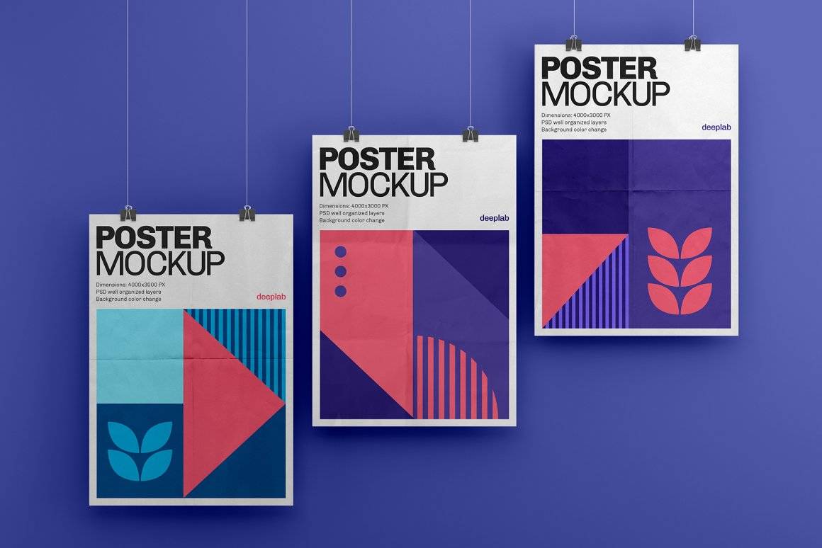 立式悬挂A4海报宣传单样机ps素材智能贴图模板Vertical Poster Mockup Set