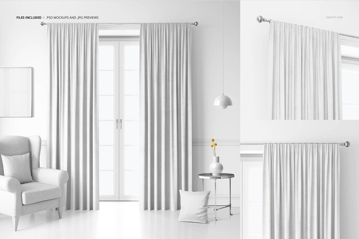 褶皱窗帘样机PS素材智能贴图模板Velvet Pencil Pleat Curtains Mockup
