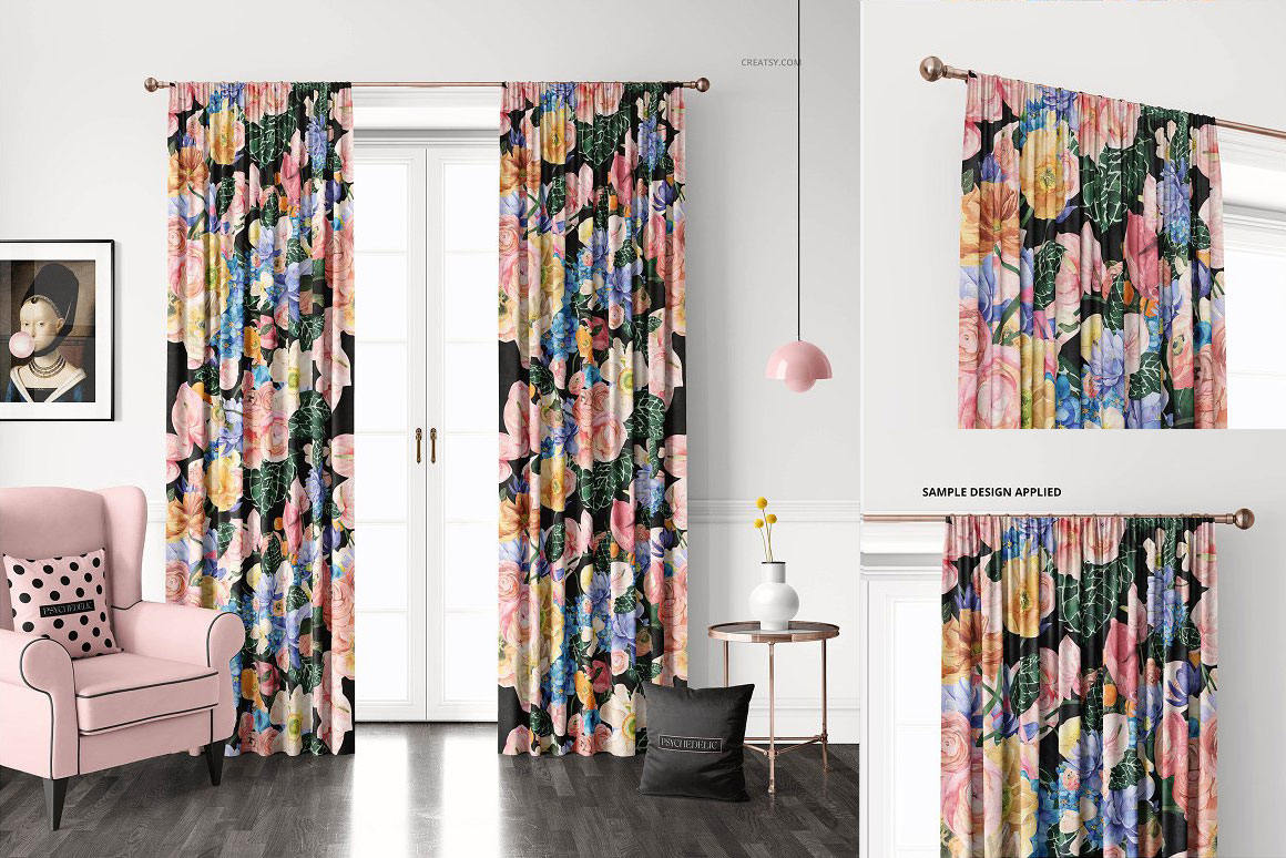 褶皱窗帘样机PS素材智能贴图模板Velvet Pencil Pleat Curtains Mockup