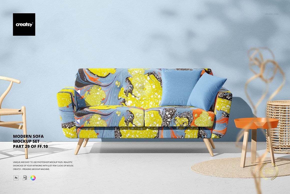 时尚沙发样机布料印花图案展示PSD素材智能贴图 Modern Sofa Mockup Set (29FFv.10)