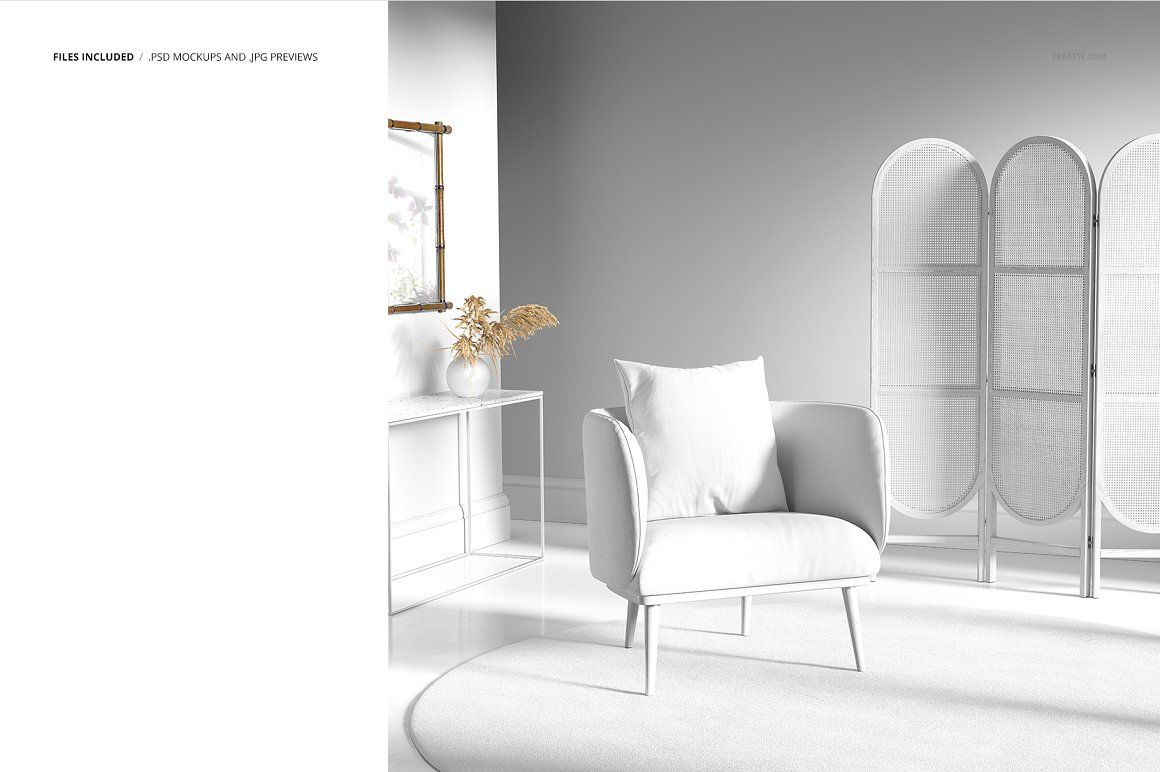 室内场景扶手椅子样机布料印花图案设计展示PS素材智能贴图 Interior Scene Mockup (25FFv.10)