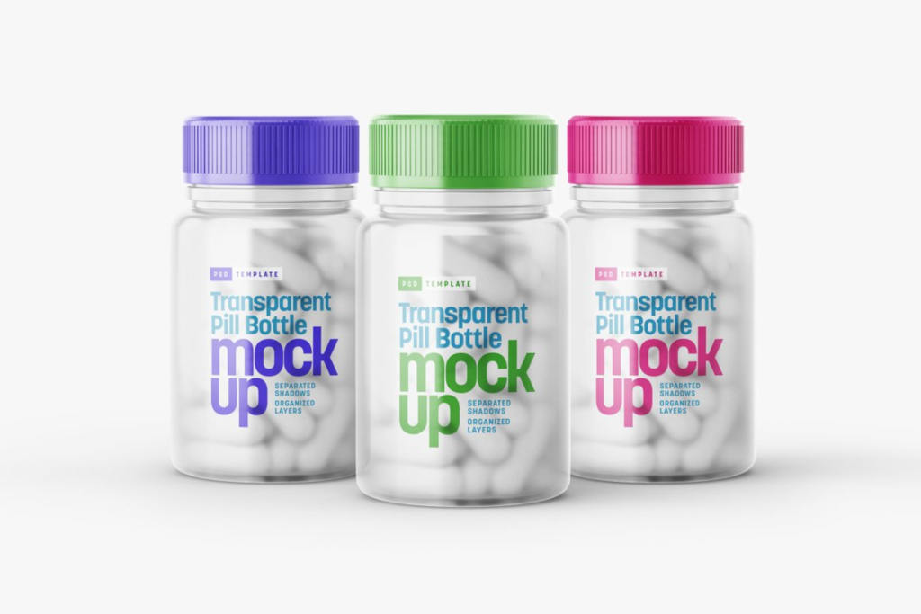 透明塑料药瓶贴保健品包装设计样机ps素材贴图 Transparent Pill Bottle Mockup Set