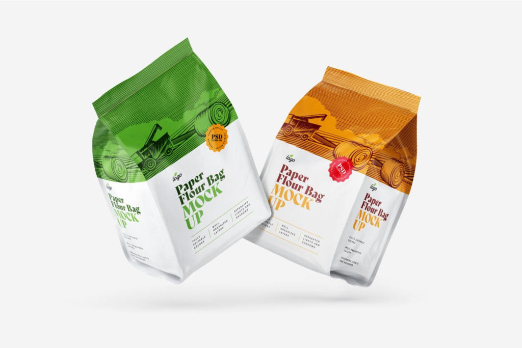12个逼真食品面粉自封袋包装袋样机PS贴图模板 Paper Flour Bag Mockup Set Pouch