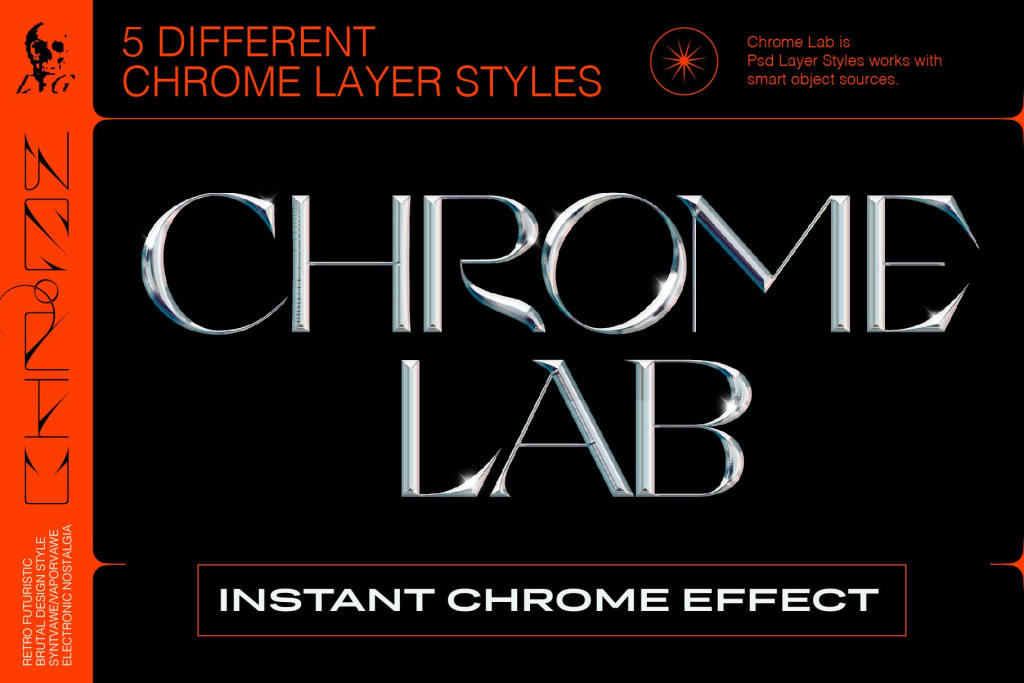 金属光泽镀铬3D立体标题文字Logo字体设计PS分层样式素材模板 Evlogiev – Chrome Lab