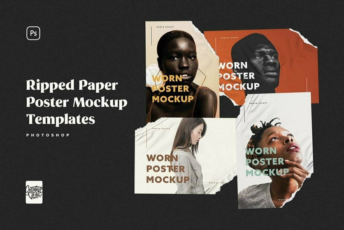 逼真褶皱撕边复古撕纸海报效果Ps智能贴图样机下载 Ripped Paper Poster Mockup Set
