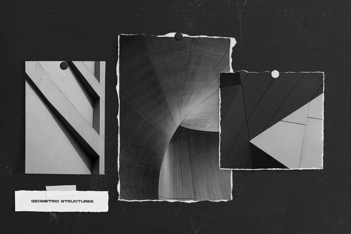 潮流褶皱撕纸效果情绪版剪贴相片卡片设计PS智能贴图样机模板素材 Graphite | Moodboard Scene Creator