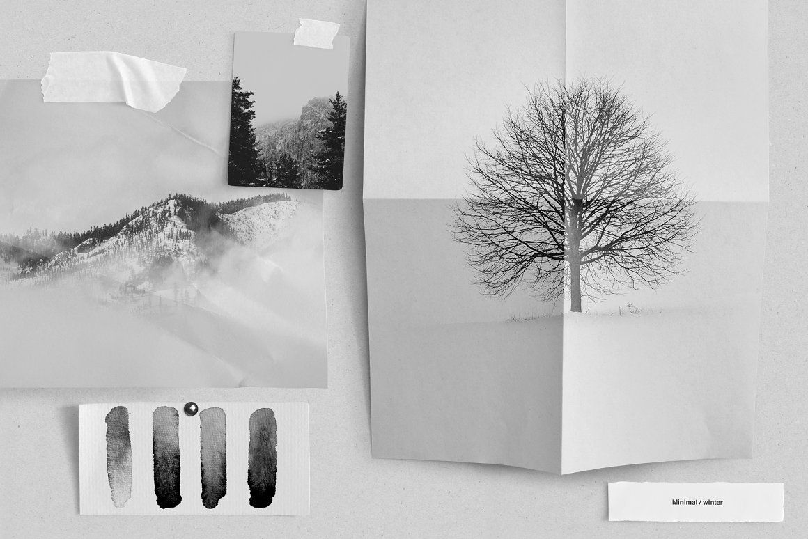潮流褶皱撕纸效果情绪版剪贴相片卡片设计PS智能贴图样机模板素材 Graphite | Moodboard Scene Creator