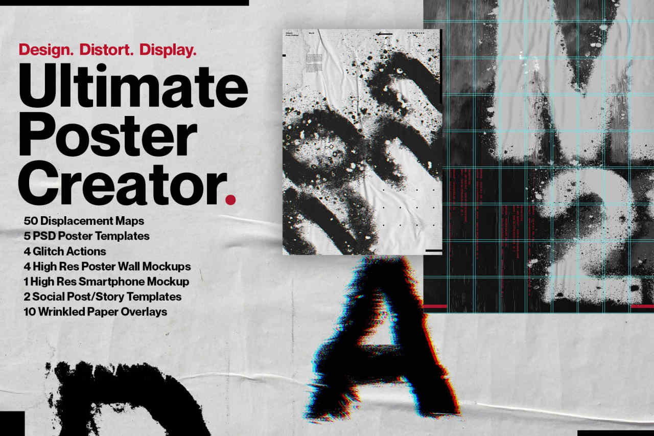 潮流时尚故障风扭曲置换创意肌理视觉海报设计ps特效样机素材模板Ultimate Distortion Poster Creator
