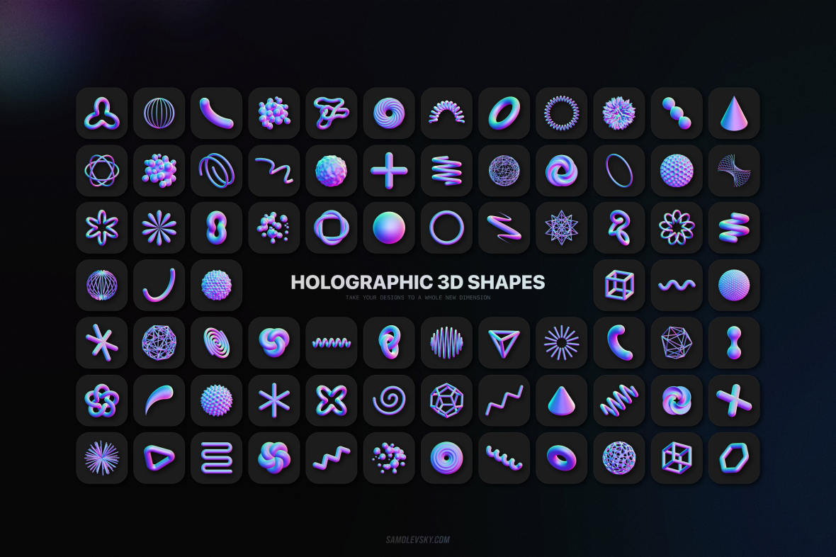 90款潮流炫彩酸性渐变3D抽象未来机能赛博朋克几何图形PNG免扣图片素材 Holographic 3D Shapes Collection