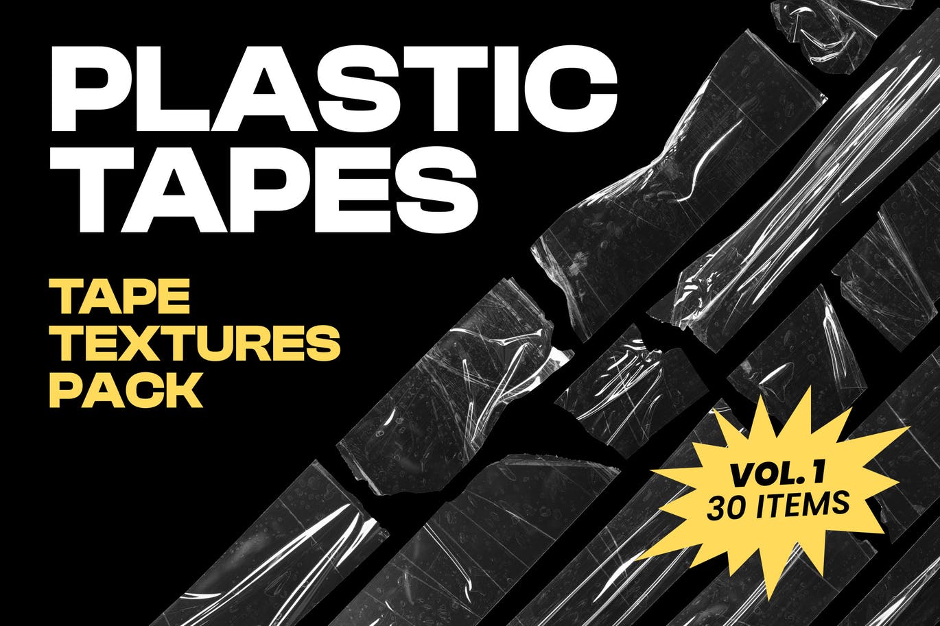 30款潮流褶皱做旧透明胶带贴纸PNG免扣图片设计素材 Plastic Tapes Vol.1 – 30 Textures Pack