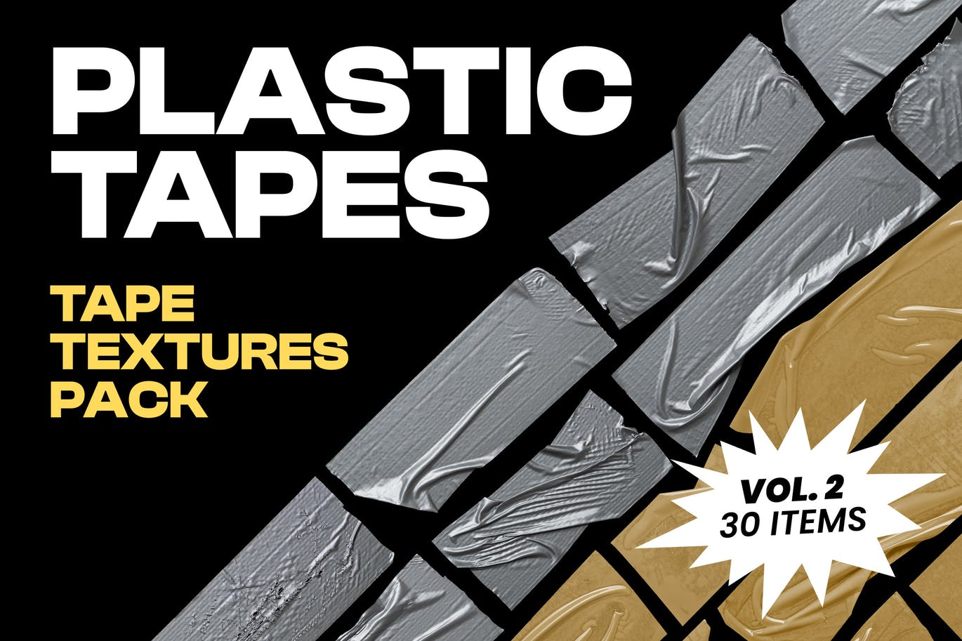 30款潮流褶皱复古做旧胶带贴纸PNG免扣图片设计素材 Plastic Tapes Vol.2 – 30 Textures Pack