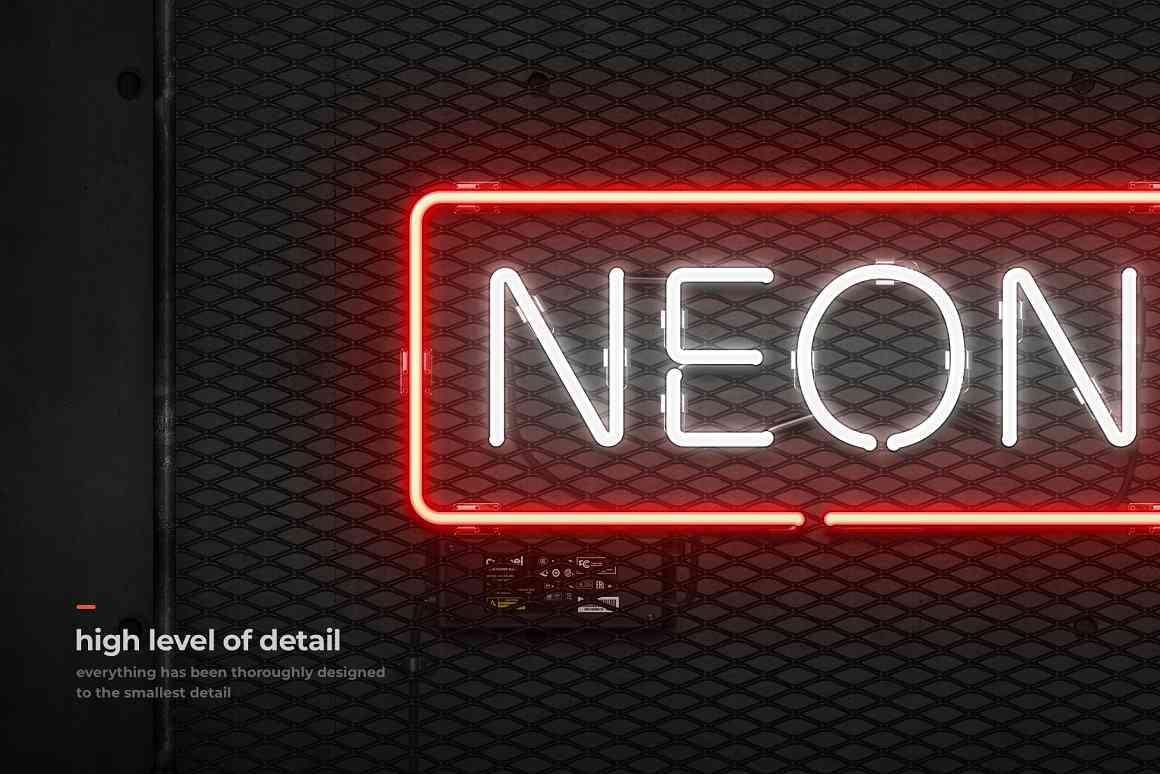 潮流复古工业风赛博朋克霓虹灯管文本样式ps设计素材套件 Neon Sign Kit