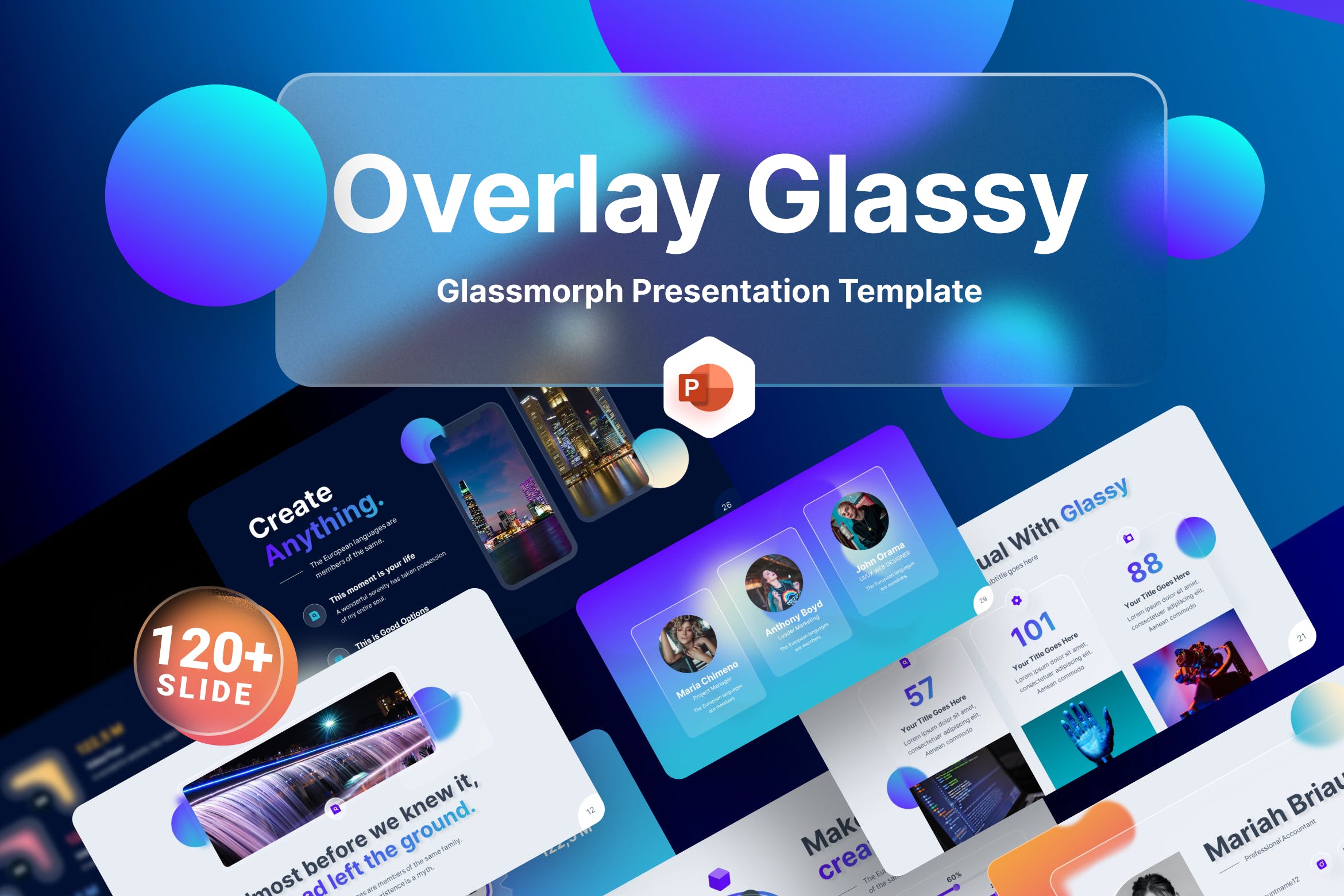 80张独特玻璃效果企业统计数据信息图表设计演示PPT幻灯片模板 Overlay Glassy Glassmorphic PowerPoint Template