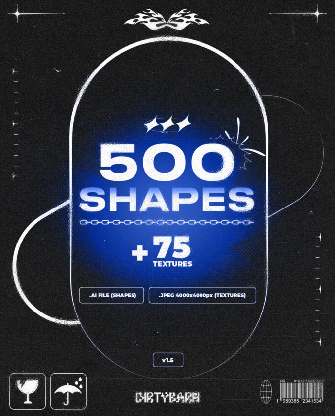 潮流复古嘻哈街头电音酸性矢量图标logo粗糙纹理底纹设计素材套装 Design Elements Pack: 500 Shapes, 65 Textures