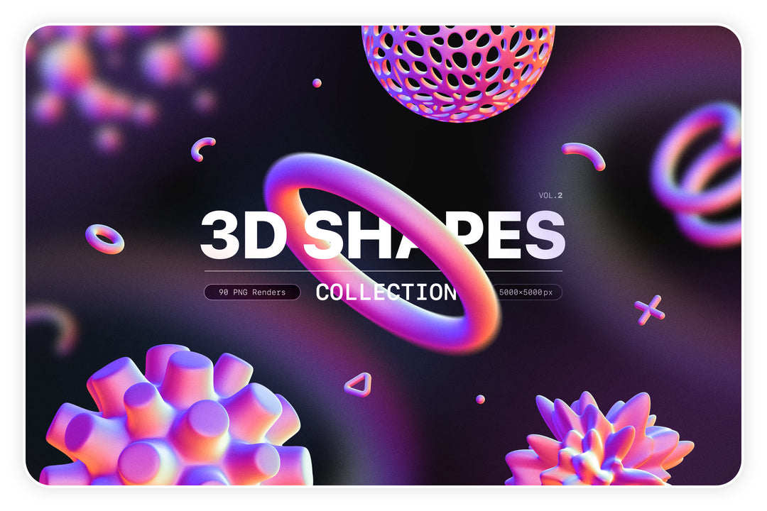 90款炫彩酸性渐变3D抽象未来机能赛博朋克几何图形PNG免扣图片素材 Samolevsky – 3D Shapes Collection