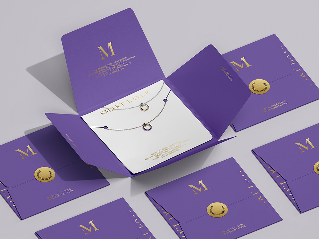 时尚珠宝项链包装卡片信封设计展示贴图psd样机模板