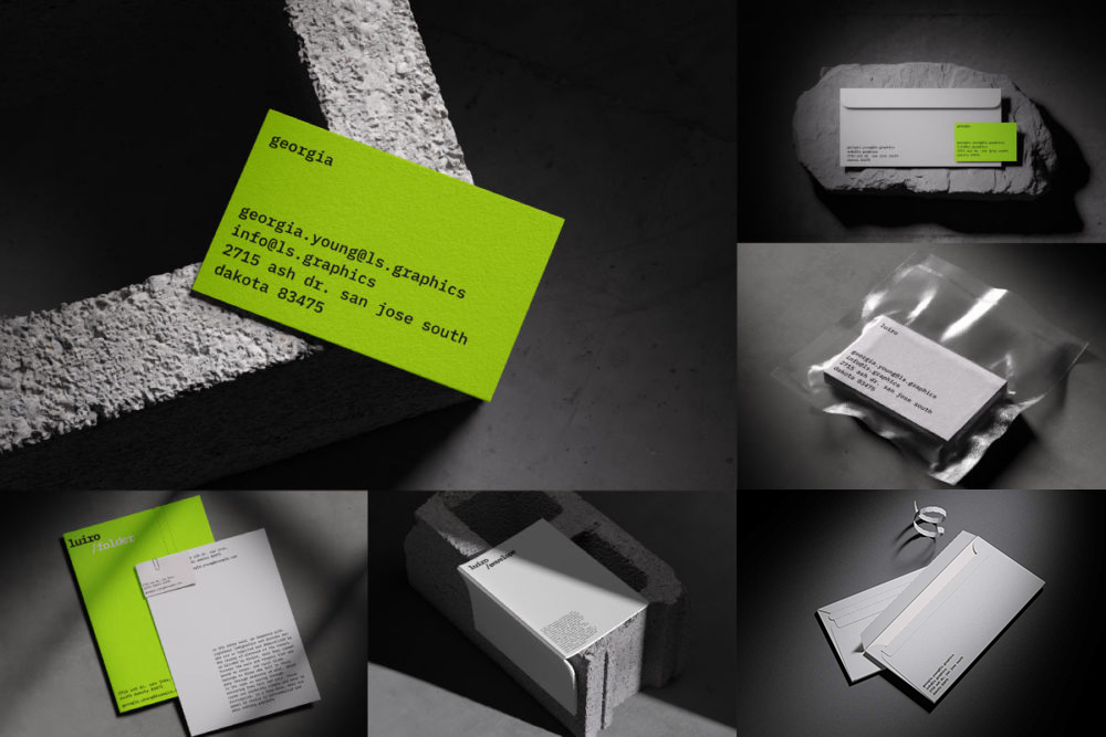 16款工业风黑色风格品牌LOGO设计信封名片画册信纸展示贴图PSD样机贴图模板 Luiro – Branding Mockups