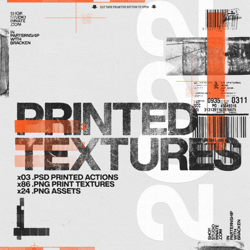 复古做旧粗糙滚筒油墨印打印刷纹理排版标记PNG特效PS动作套件 Studio Innate – Printed Textures