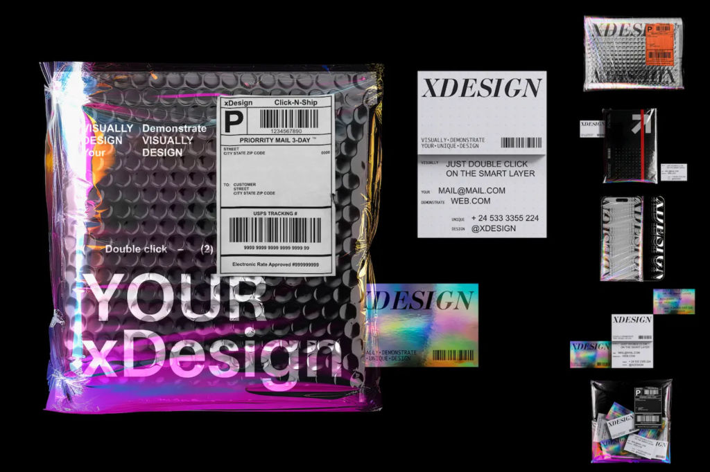 6款质感铝箔袋包装袋快递袋塑料袋名片卡片海报品牌VI标识设计展示PSD样机套装Holographic Brand Identity Mockups