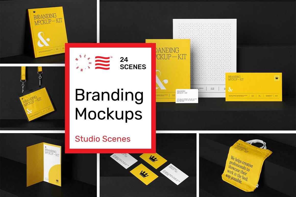 24款时尚高级品牌VI设计名片信纸手提袋包装盒画册PS展示样机贴图样机模板 Branding Mockups Kit – Studio Scenes