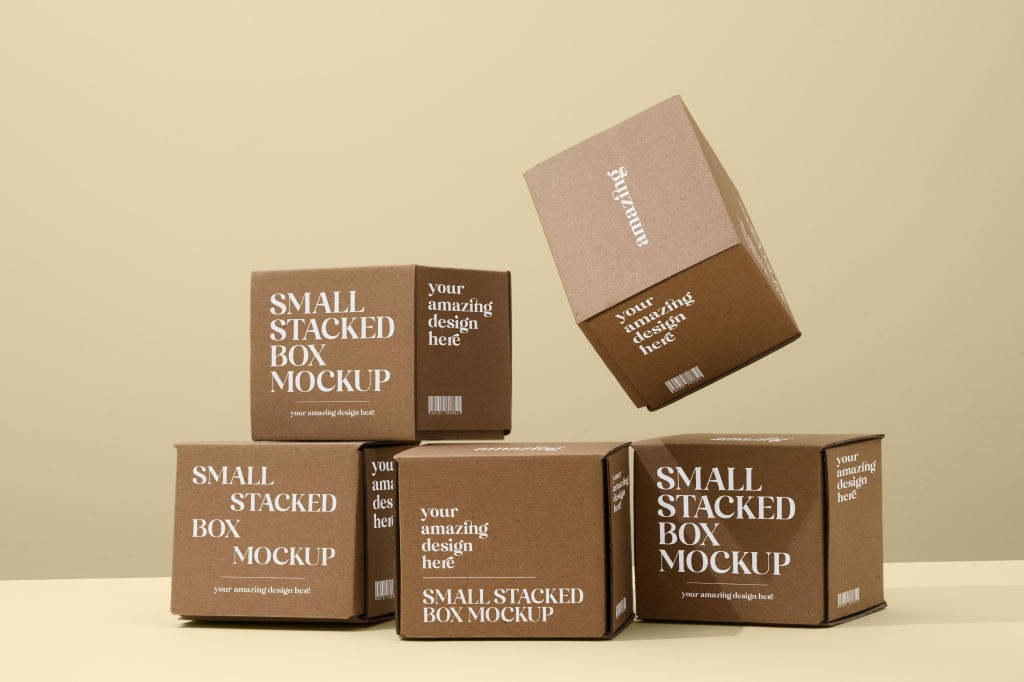 12款方形牛皮纸包装盒堆叠效果展示psd样机贴图素材下载Small stacked boxes mockup