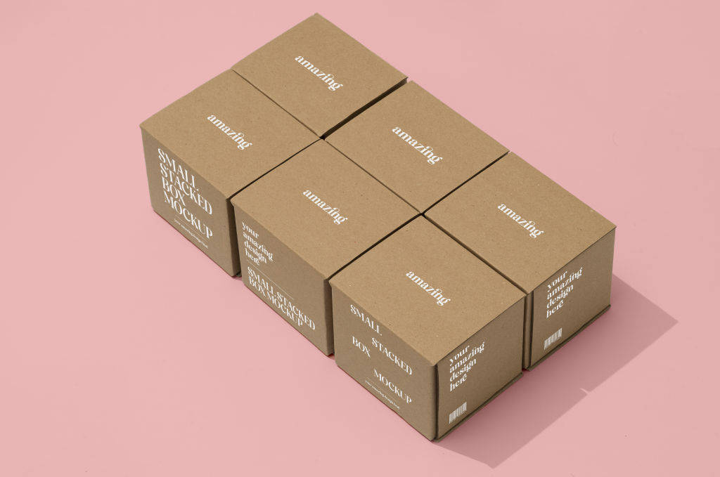 12款方形牛皮纸包装盒堆叠效果展示psd样机贴图素材下载Small stacked boxes mockup