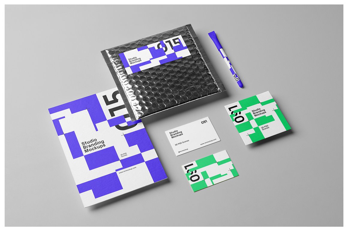 30款高级品牌VI标志LOGO设计名片海报画册胶带帆布袋展示贴图PSD样机素材模板 Studio Branding Mockups
