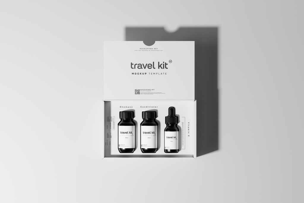 14款逼真旅行化妆品包装礼盒瓶子标签设计展示效果PSD样机贴图模板素材Cosmetic Travel Kit Mockups