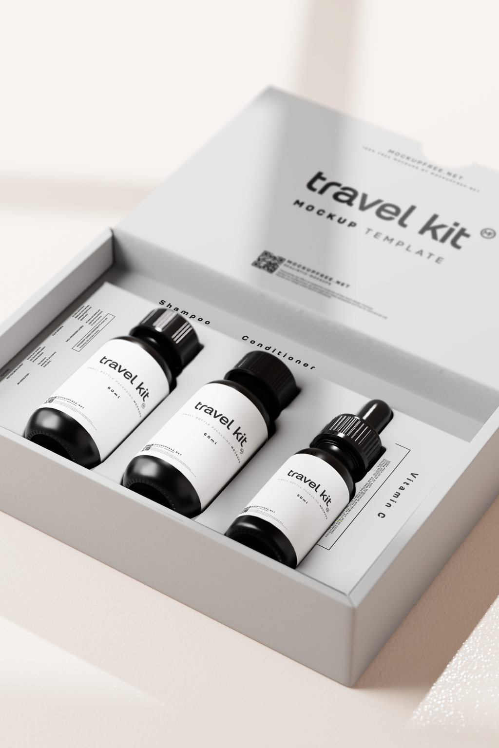 14款逼真旅行化妆品包装礼盒瓶子标签设计展示效果PSD样机贴图模板素材Cosmetic Travel Kit Mockups